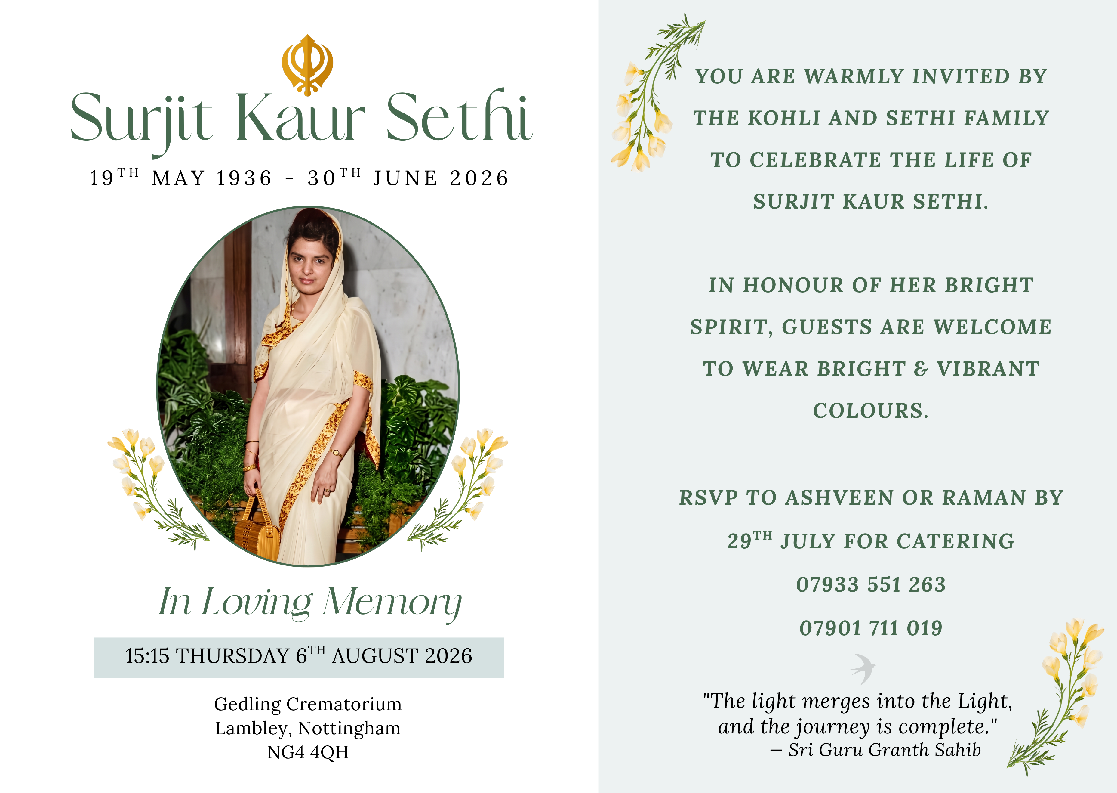 Funeral invitation card for Surjit Kaur Sethi - In Loving Memory, 15:15 Thursday 6th August 2026 at Gedling Crematorium